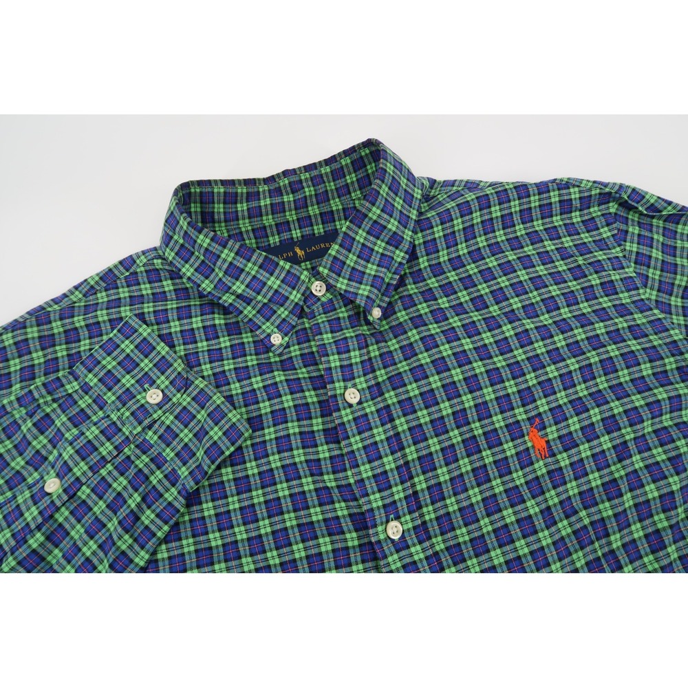 Ralph Lauren Button Down Shirt Mens XXL Green Blue Plaid Long Sleeve Pony 2XL